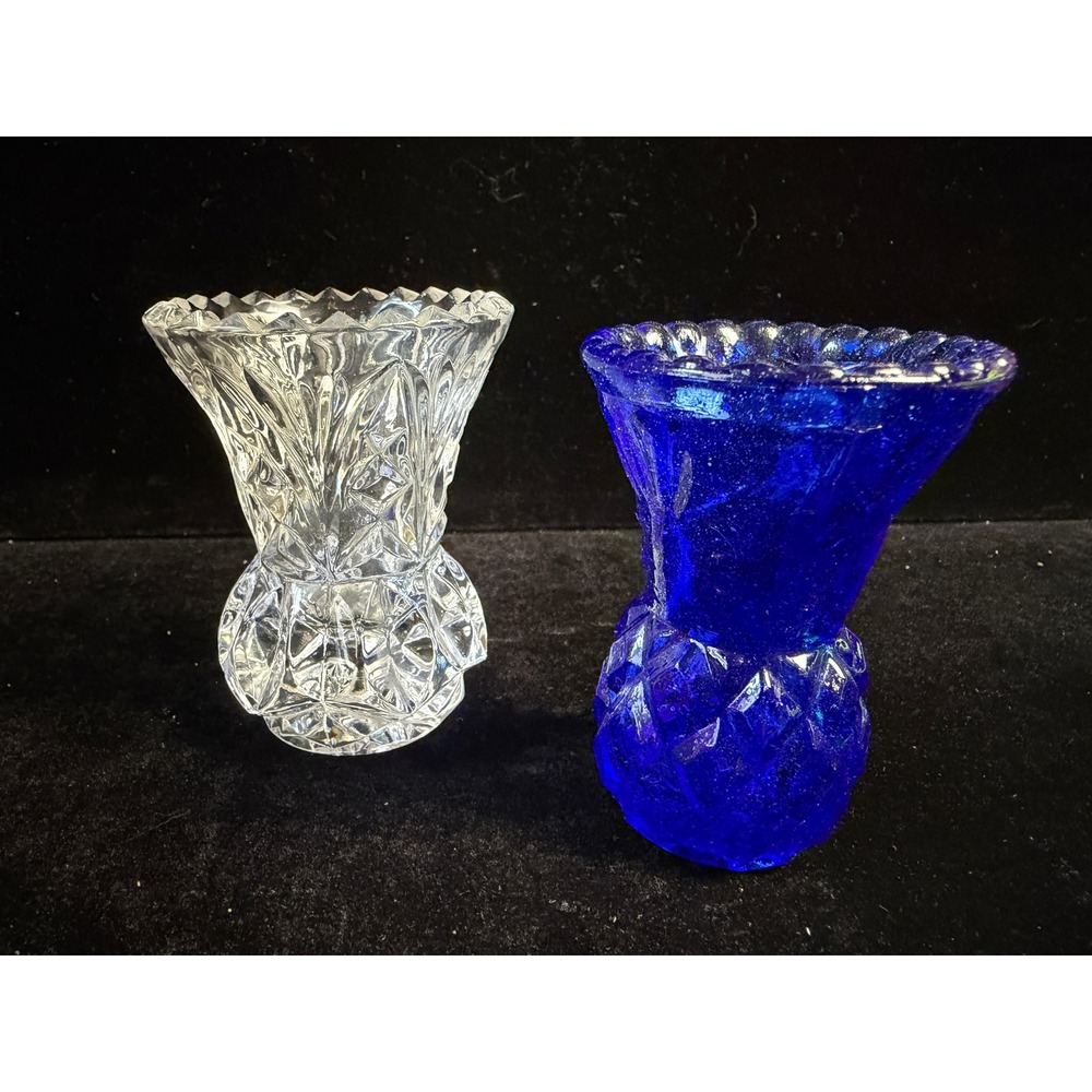 Vintage Miniature Glass Toothpick Holder Set Cobalt Blue Clear Thistle Vases 2pc